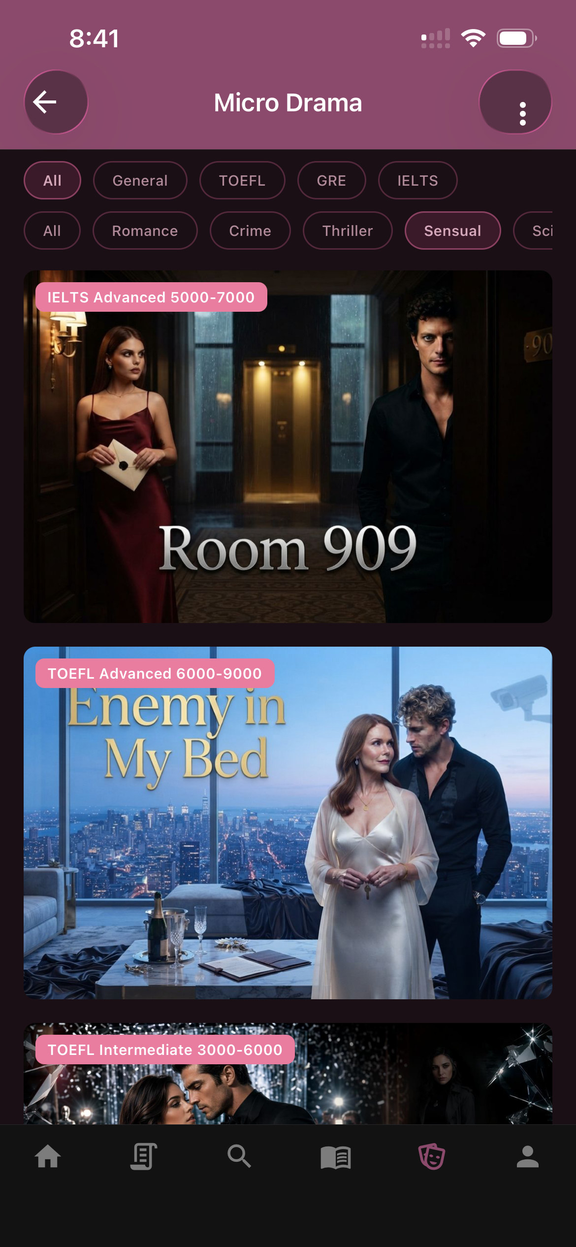 App screenshot of the PineNutty DramaWatch screen — a MicroDrama episode playing with full-screen scene illustration, voiced dialogue text, highlighted vocabulary words, and an A/B story-path choice